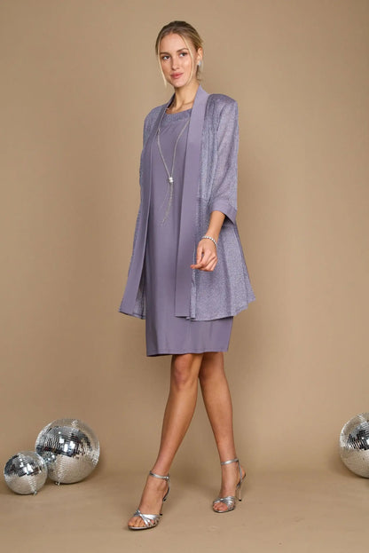 Elegant A-Line Round Neck Glittering 3/4 Sleeve Lavender Knee-Length Mother of the Bride Dress