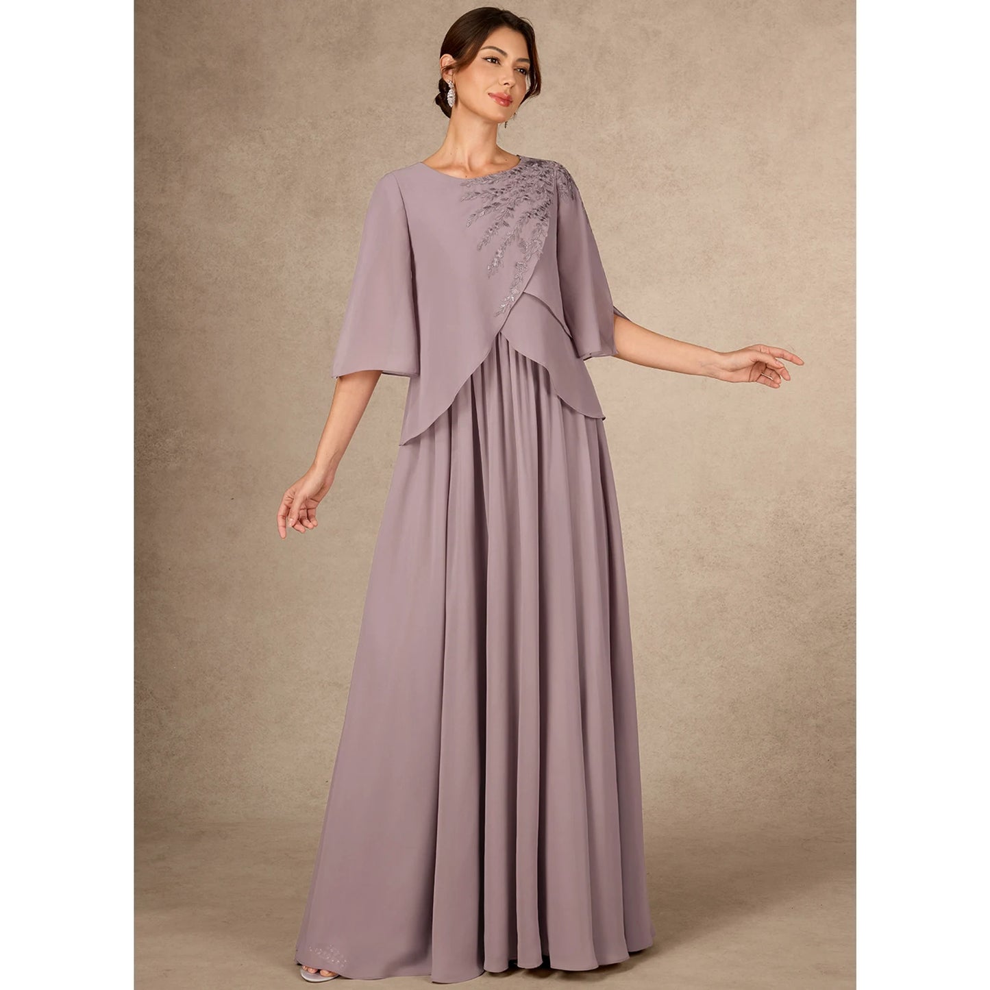 Elegant A-Line Round Neck Half Sleeve Embellished Dusty Lavender Mother of Bride Gown