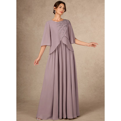 Elegant A-Line Round Neck Half Sleeve Embellished Dusty Lavender Mother of Bride Gown