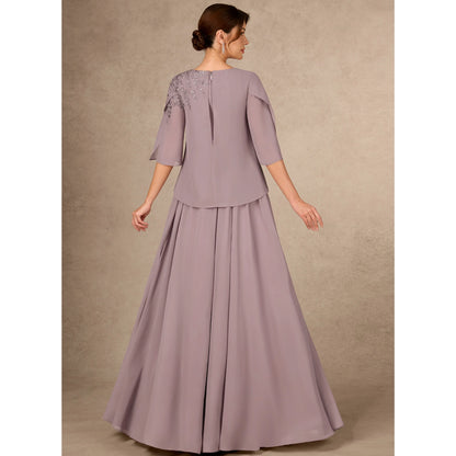 Elegant A-Line Round Neck Half Sleeve Embellished Dusty Lavender Mother of Bride Gown