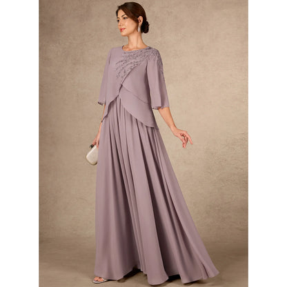 Elegant A-Line Round Neck Half Sleeve Embellished Dusty Lavender Mother of Bride Gown