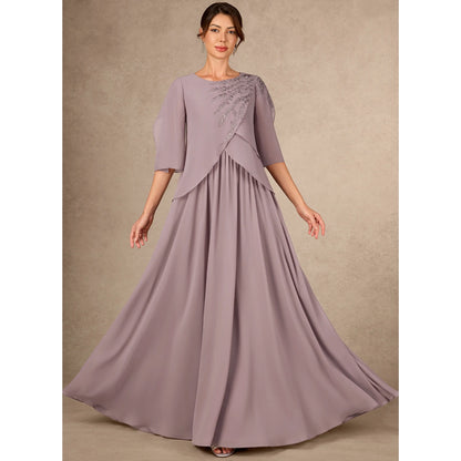 Elegant A-Line Round Neck Half Sleeve Embellished Dusty Lavender Mother of Bride Gown