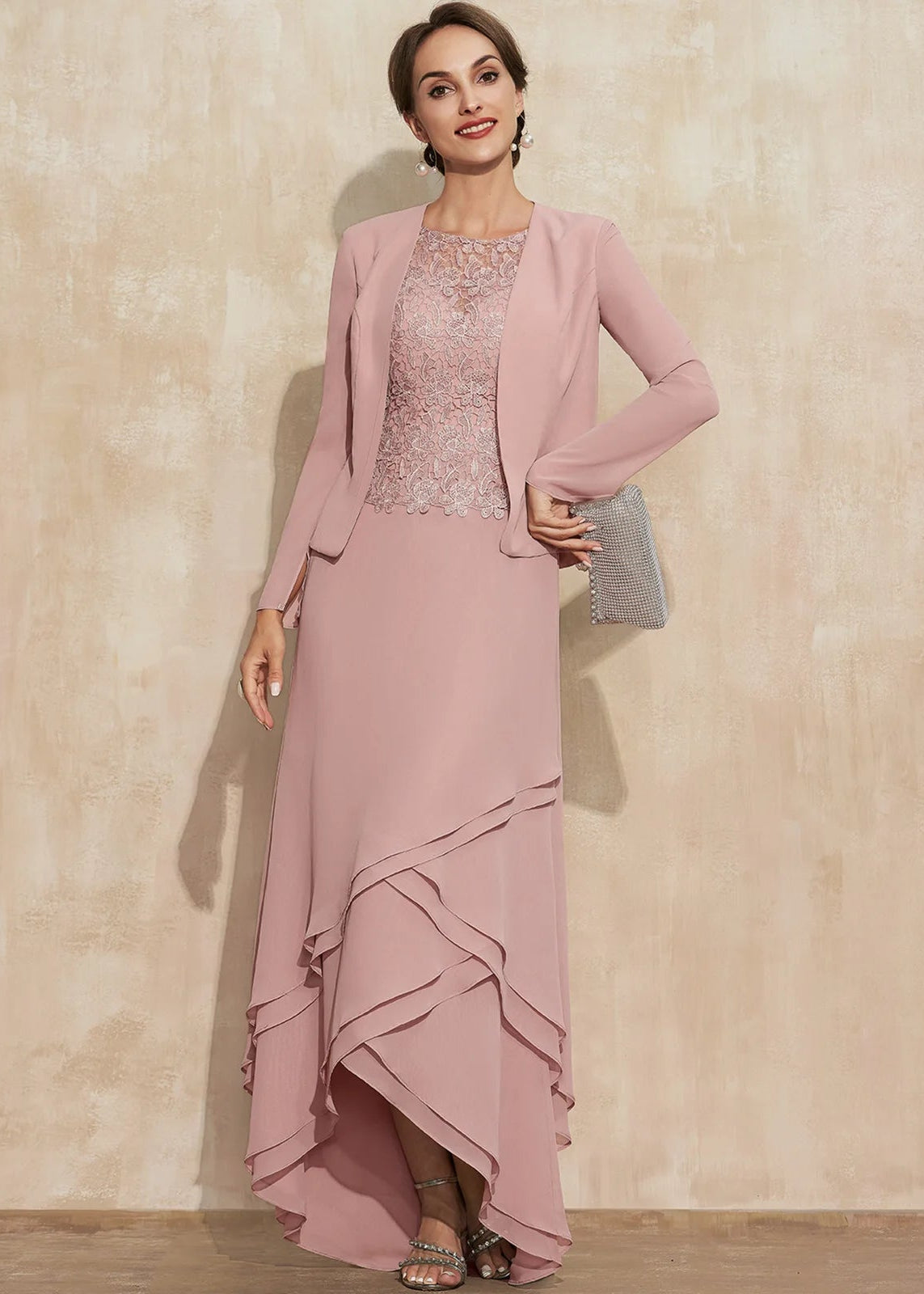 Elegant A-Line Round Neck Long Sleeve Lace Tiered Dusty Pink Mother-of-Bride Gown