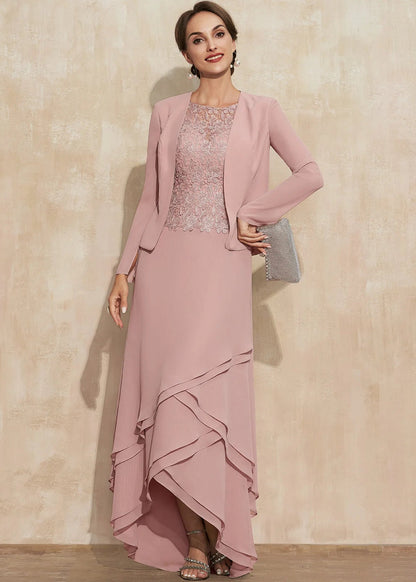 Elegant A-Line Round Neck Long Sleeve Lace Tiered Dusty Pink Mother-of-Bride Gown