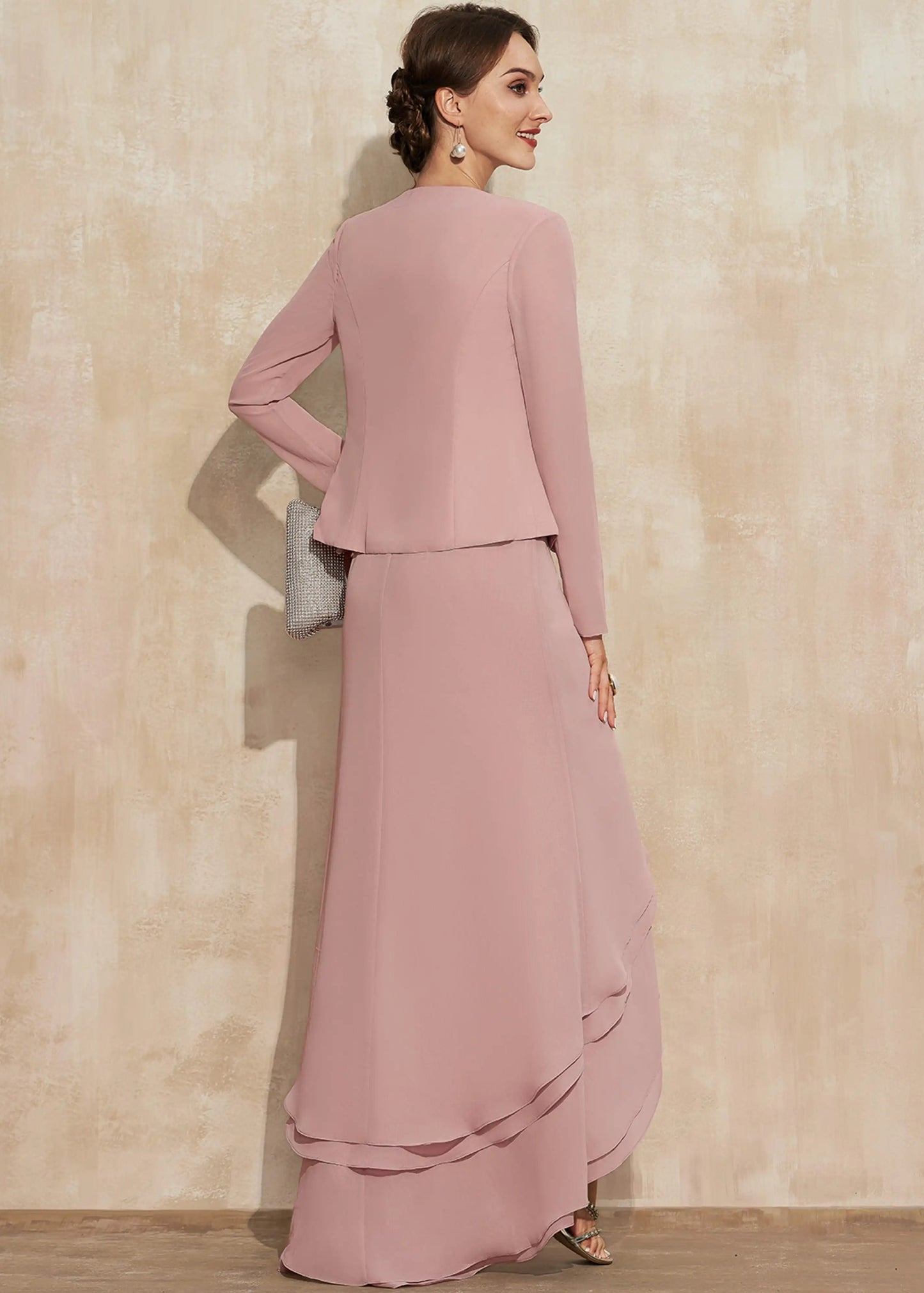Elegant A-Line Round Neck Long Sleeve Lace Tiered Dusty Pink Mother-of-Bride Gown