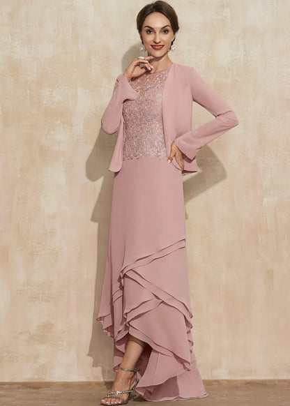 Elegant A-Line Round Neck Long Sleeve Lace Tiered Dusty Pink Mother-of-Bride Gown