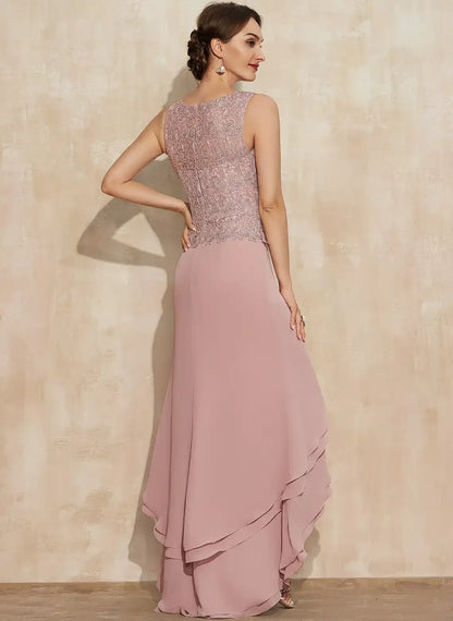 Elegant A-Line Round Neck Long Sleeve Lace Tiered Dusty Pink Mother-of-Bride Gown