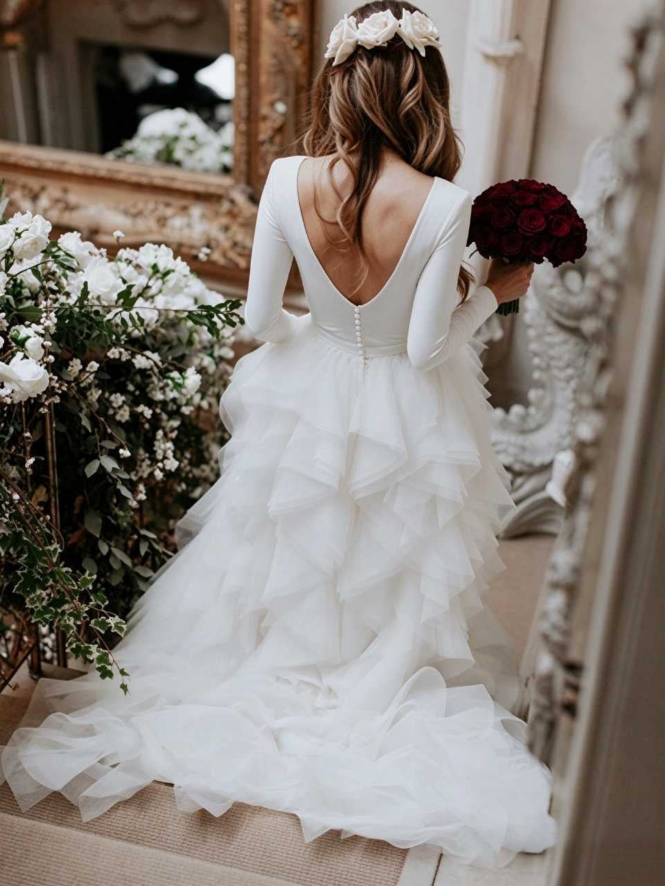 Elegant A-Line Round Neck Long Sleeve Tiered White Floor-Length Wedding Gown