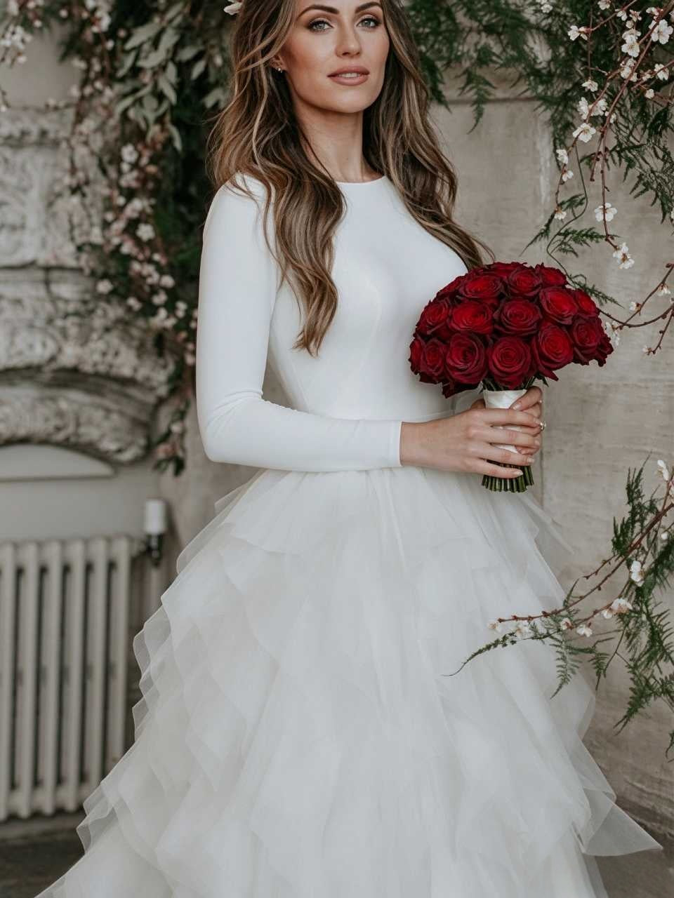 Elegant A-Line Round Neck Long Sleeve Tiered White Floor-Length Wedding Gown