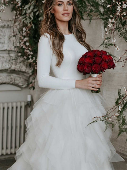Elegant A-Line Round Neck Long Sleeve Tiered White Floor-Length Wedding Gown
