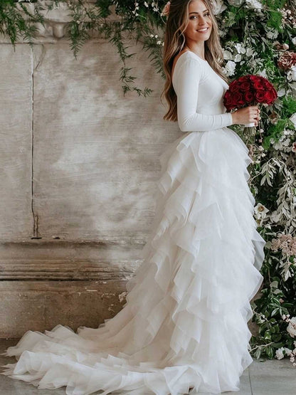 Elegant A-Line Round Neck Long Sleeve Tiered White Floor-Length Wedding Gown
