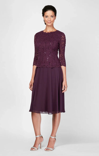 Elegant A-Line Round Neck Sequin Lace Plum Midi Mother of the Bride Dress