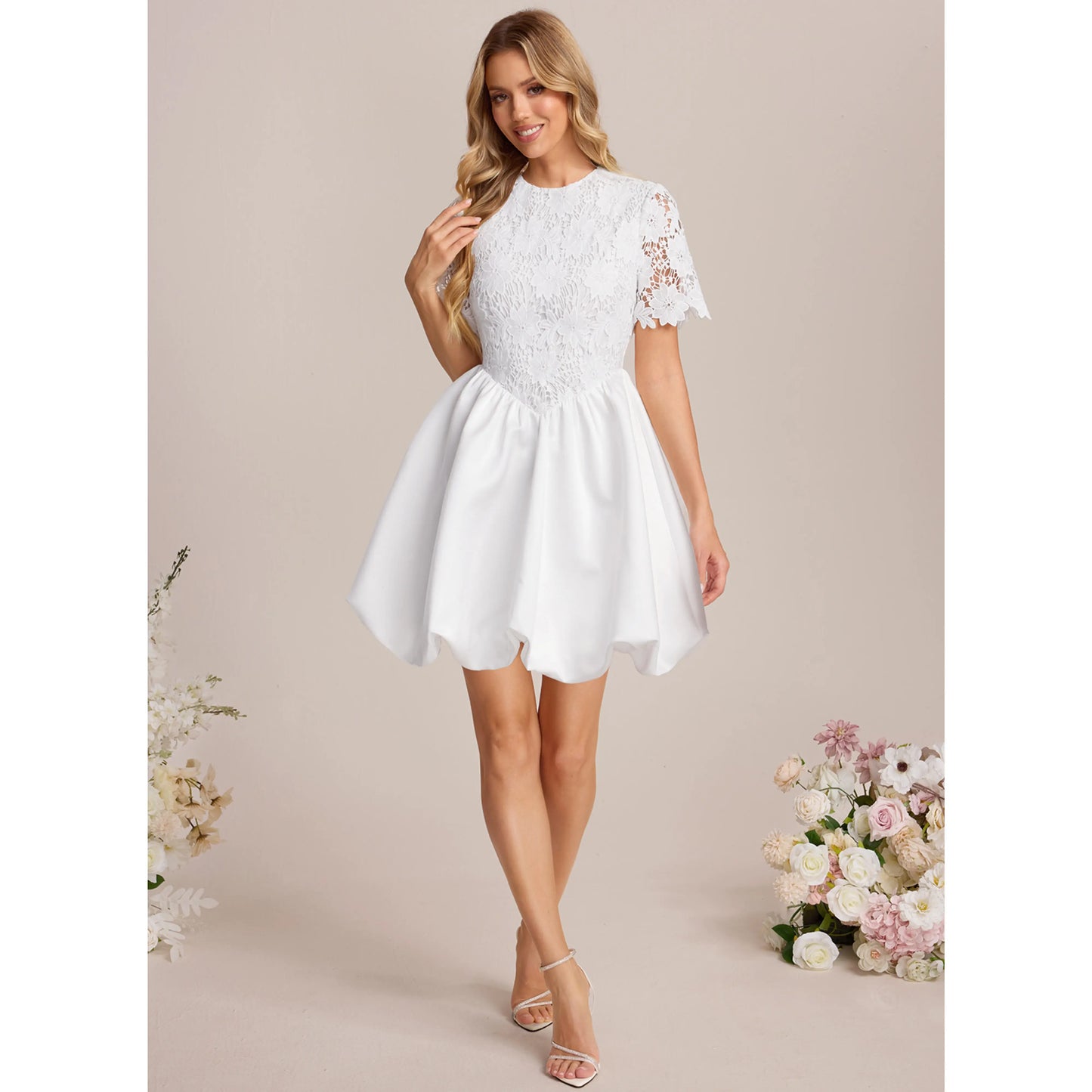Elegant A-Line Round Neck Short Sleeve Lace White Mini Evening Dress