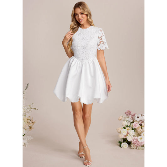 Elegant A-Line Round Neck Short Sleeve Lace White Mini Evening Dress