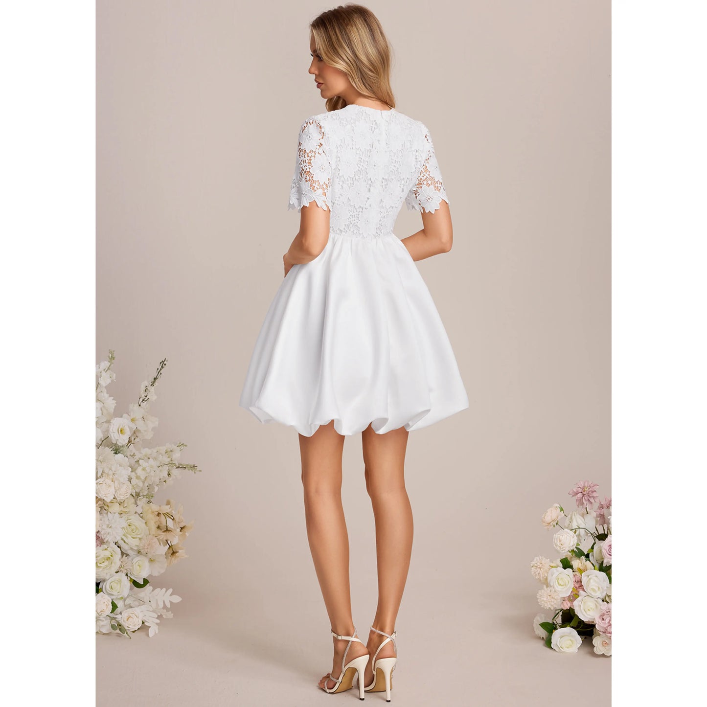 Elegant A-Line Round Neck Short Sleeve Lace White Mini Evening Dress