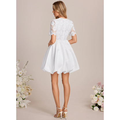 Elegant A-Line Round Neck Short Sleeve Lace White Mini Evening Dress