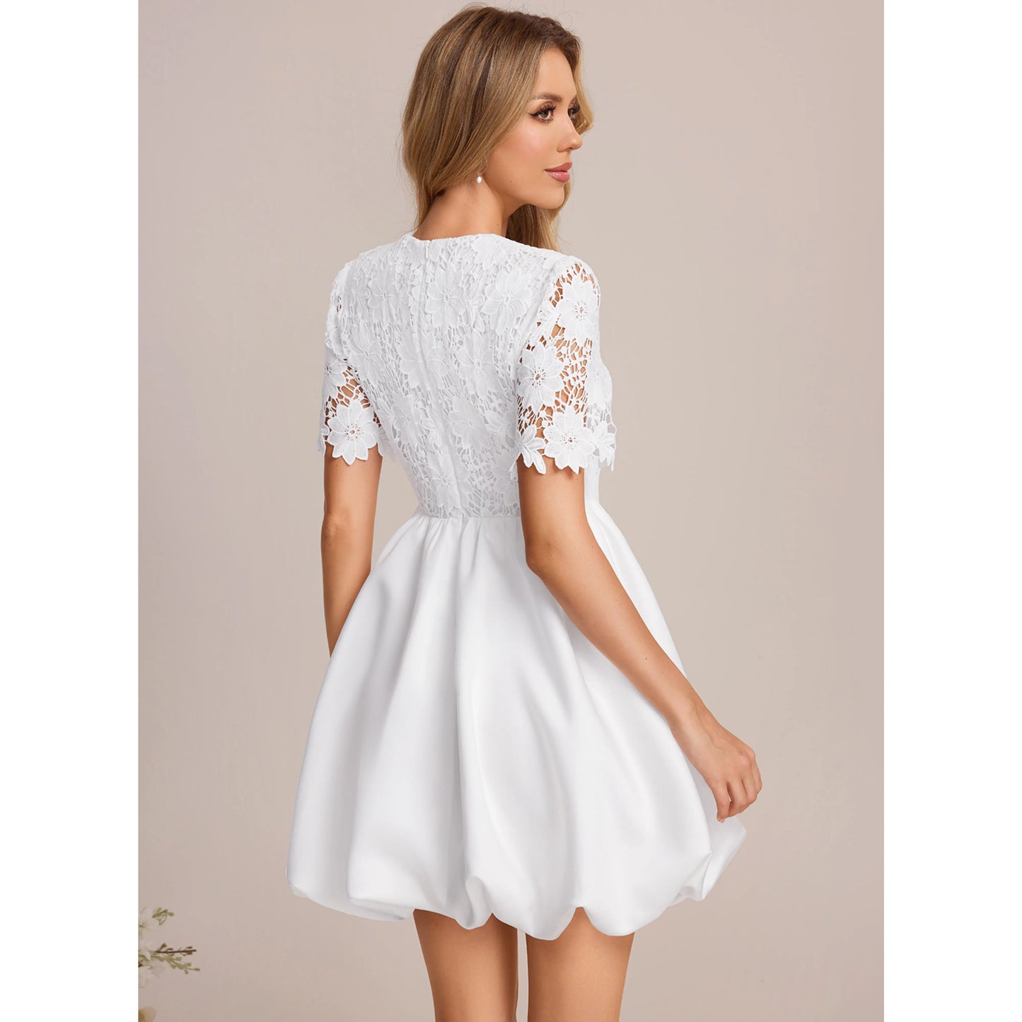 Elegant A-Line Round Neck Short Sleeve Lace White Mini Evening Dress