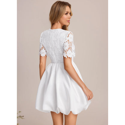 Elegant A-Line Round Neck Short Sleeve Lace White Mini Evening Dress