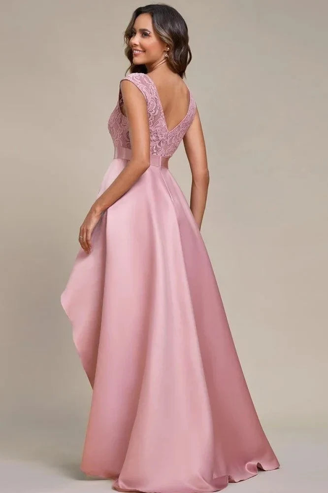 Elegant A-Line Round Neck Sleeveless Lace High-Low Rose Pink Prom Dress For Women