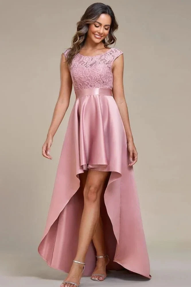 Elegant A-Line Round Neck Sleeveless Lace High-Low Rose Pink Prom Dress For Women
