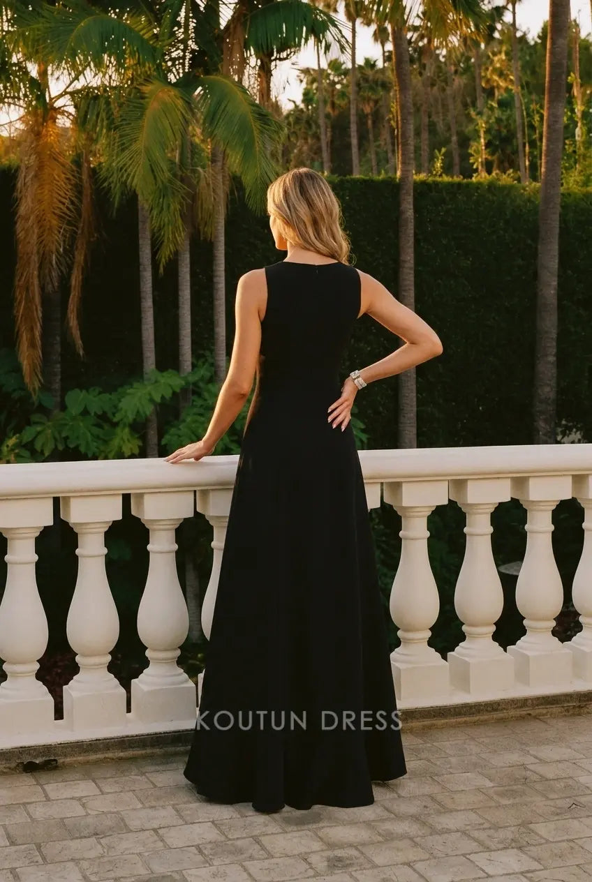 Elegant A-Line Round Neck Sleeveless Ruffled Black High-Low Prom Gown