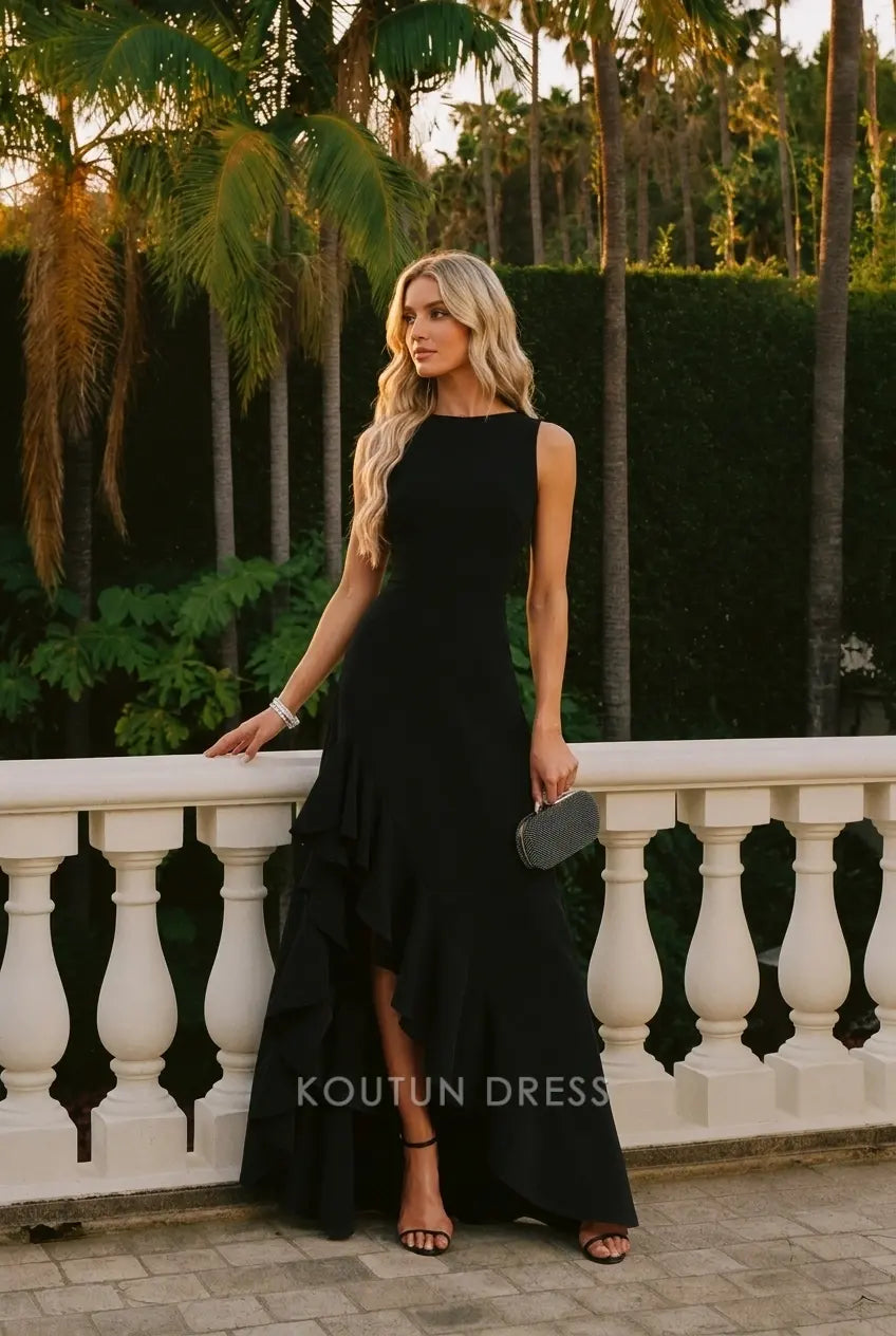 Elegant A-Line Round Neck Sleeveless Ruffled Black High-Low Prom Gown