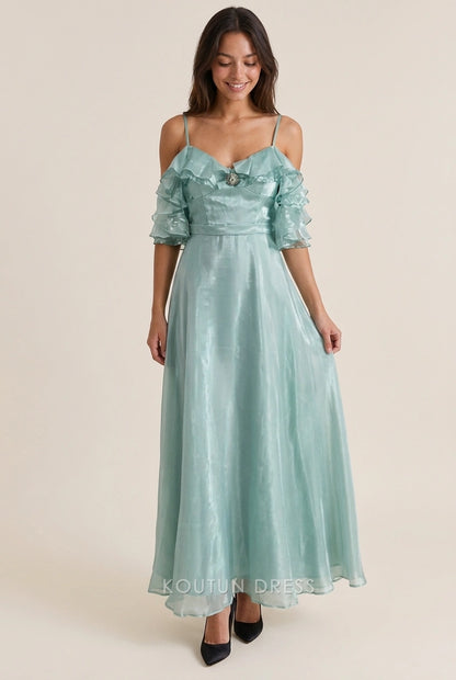 Elegant A-Line Ruffled Off-Shoulder Shimmering Mint Green Floor-Length Prom Dresses