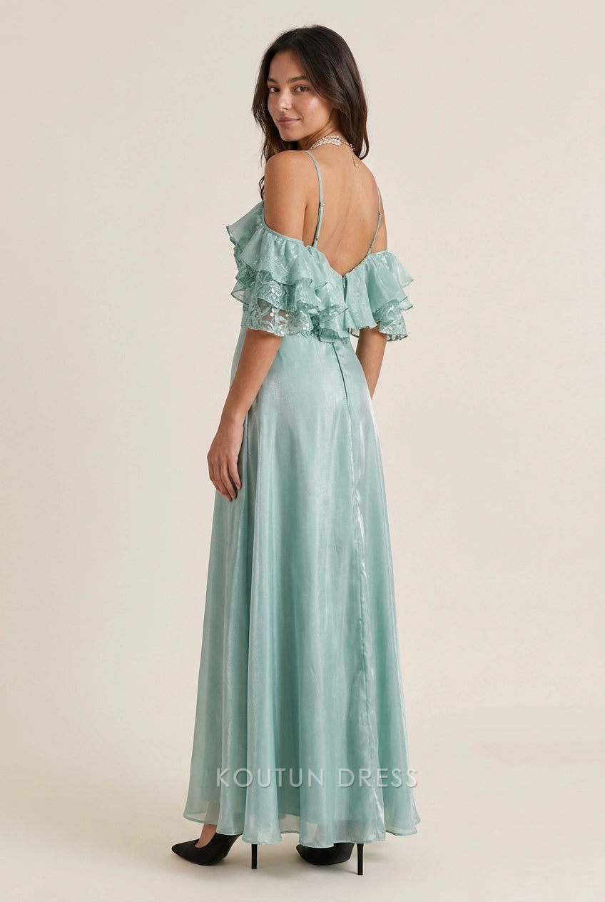 Elegant A-Line Ruffled Off-Shoulder Shimmering Mint Green Floor-Length Prom Dresses