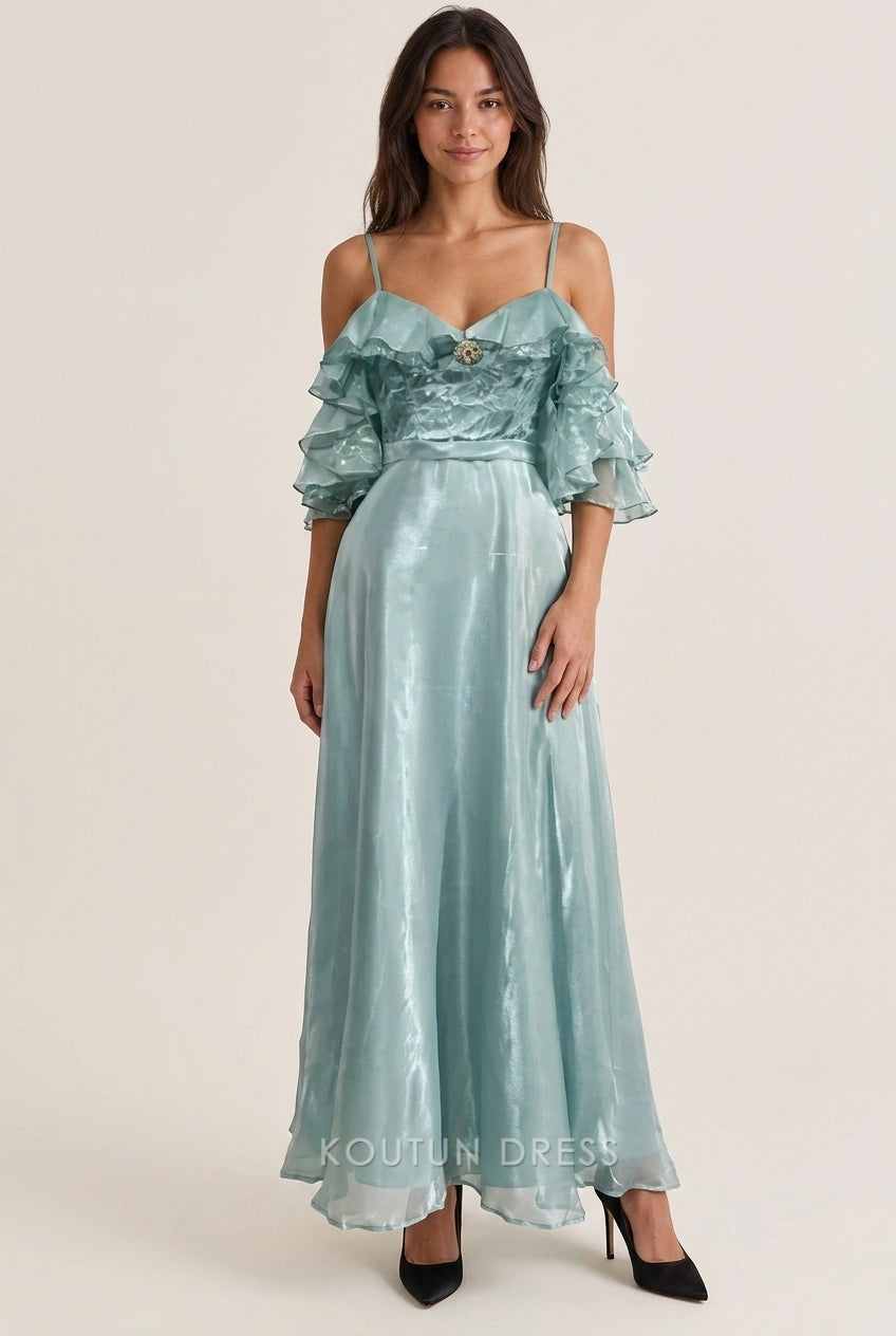 Elegant A-Line Ruffled Off-Shoulder Shimmering Mint Green Floor-Length Prom Dresses