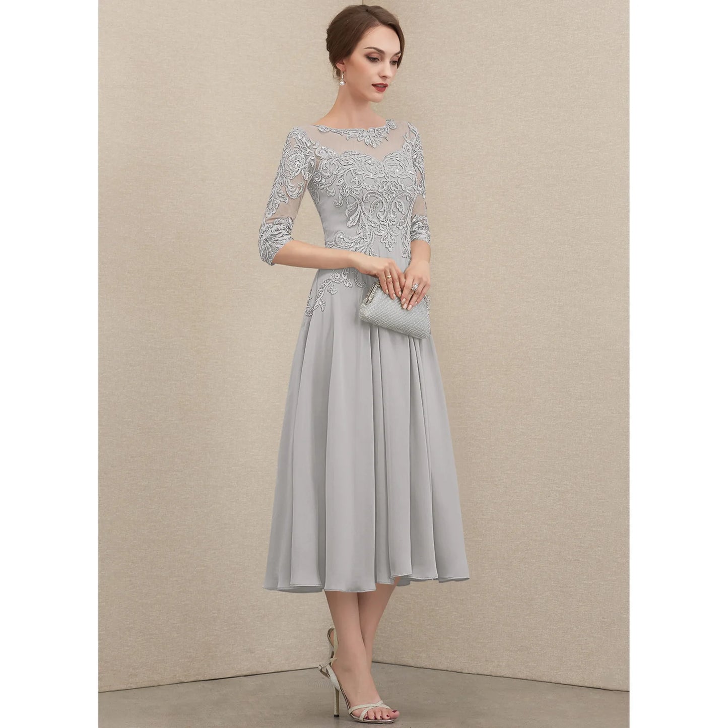 Elegant A-Line Scoop Neck Embroidered Grey Midi Mother of the Bride Dress