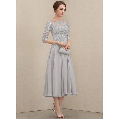 Elegant A-Line Scoop Neck Embroidered Grey Midi Mother of the Bride Dress