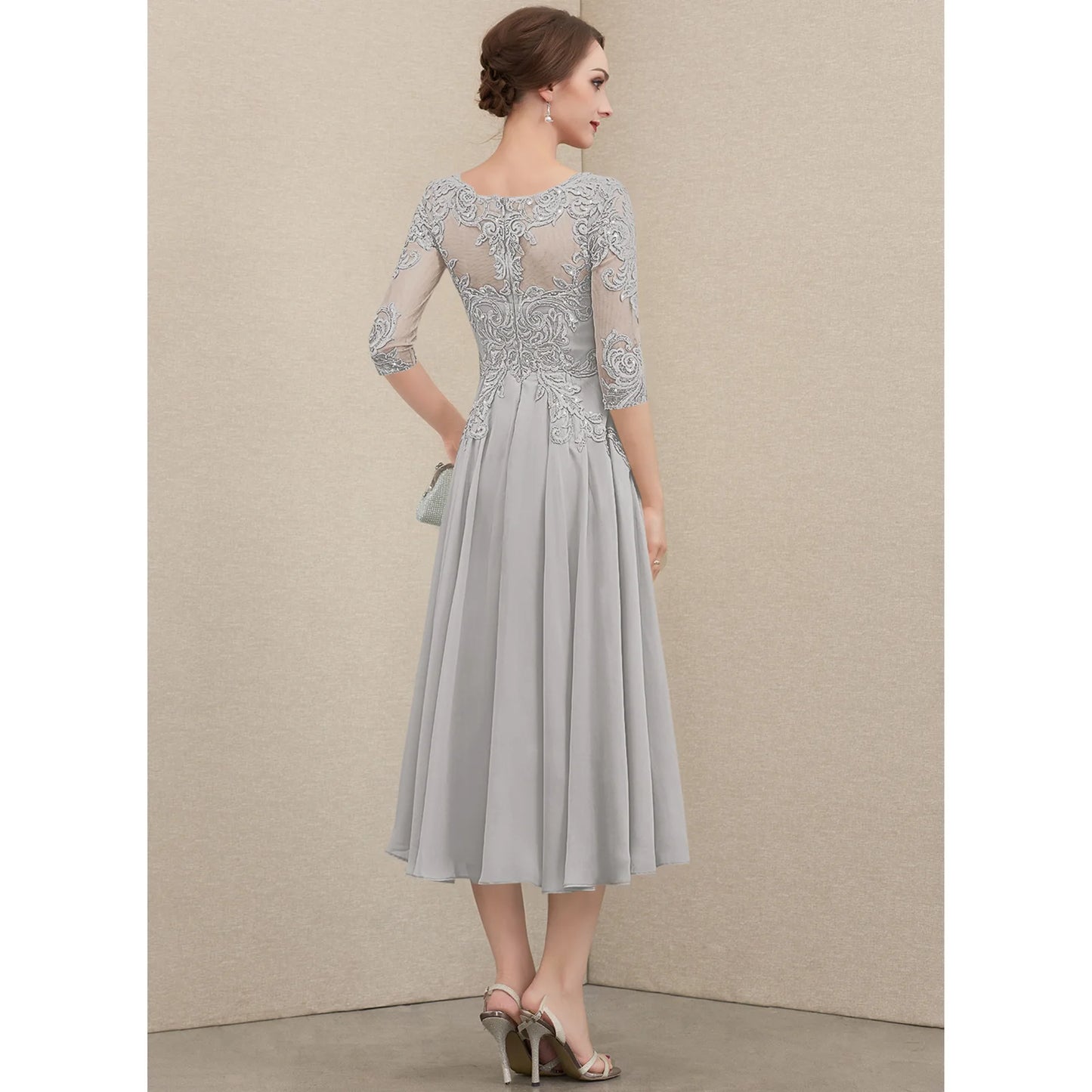 Elegant A-Line Scoop Neck Embroidered Grey Midi Mother of the Bride Dress