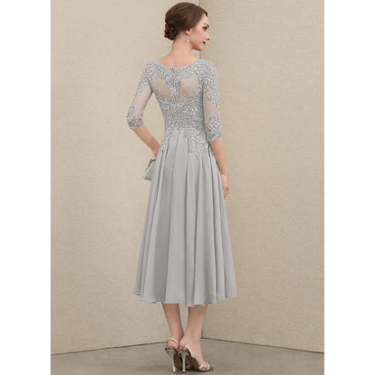 Elegant A-Line Scoop Neck Embroidered Grey Midi Mother of the Bride Dress