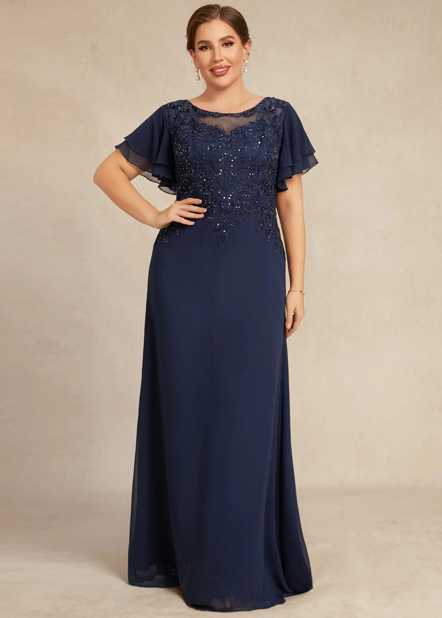 Elegant A-Line Scoop Neck Flutter Sleeve Beaded Navy Floor-Length Mother of the Bride Gown