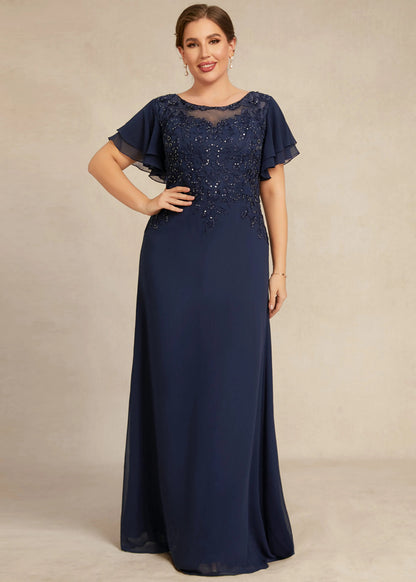 Elegant A-Line Scoop Neck Flutter Sleeve Beaded Navy Floor-Length Mother of the Bride Gown