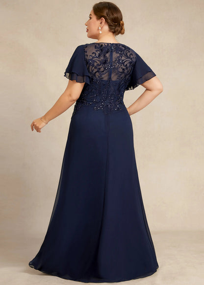 Elegant A-Line Scoop Neck Flutter Sleeve Beaded Navy Floor-Length Mother of the Bride Gown