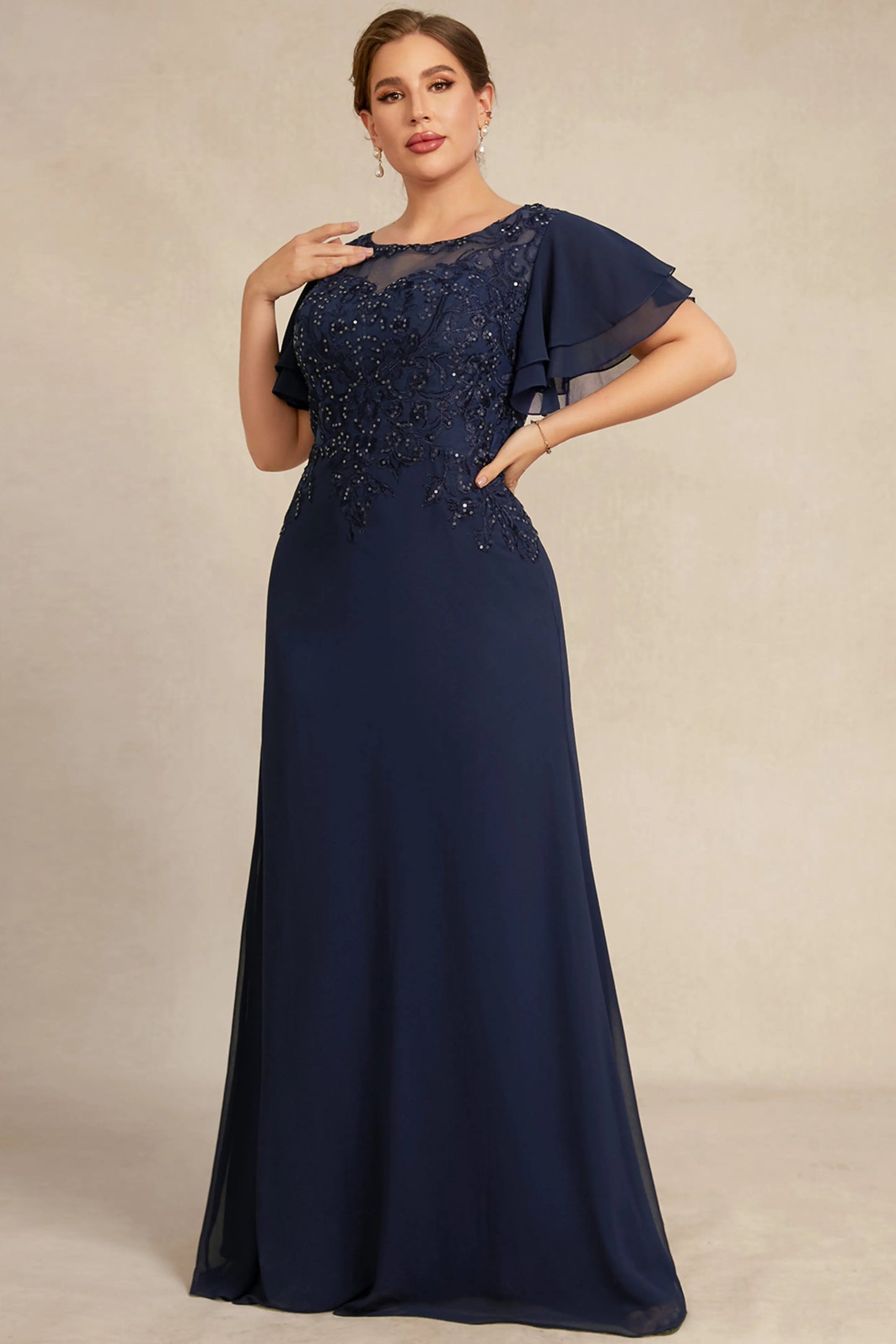 Elegant A-Line Scoop Neck Flutter Sleeve Beaded Navy Floor-Length Mother of the Bride Gown
