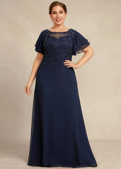Elegant A-Line Scoop Neck Flutter Sleeve Beaded Navy Floor-Length Mother of the Bride Gown