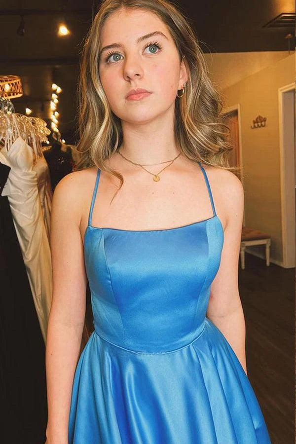 Elegant A-Line Scoop Neck Sleeveless Chic Slit Blue Long Prom Dresses for Her