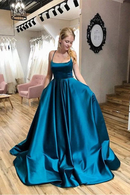 Elegant A-Line Scoop Neck Sleeveless Criss-Cross Back Teal Floor-Length Prom Dress