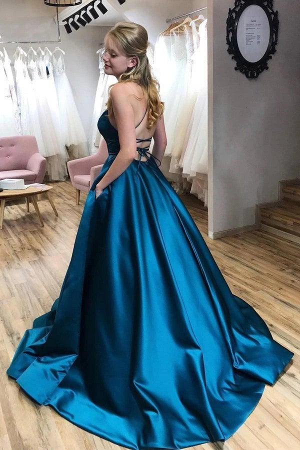 Elegant A-Line Scoop Neck Sleeveless Criss-Cross Back Teal Floor-Length Prom Dress