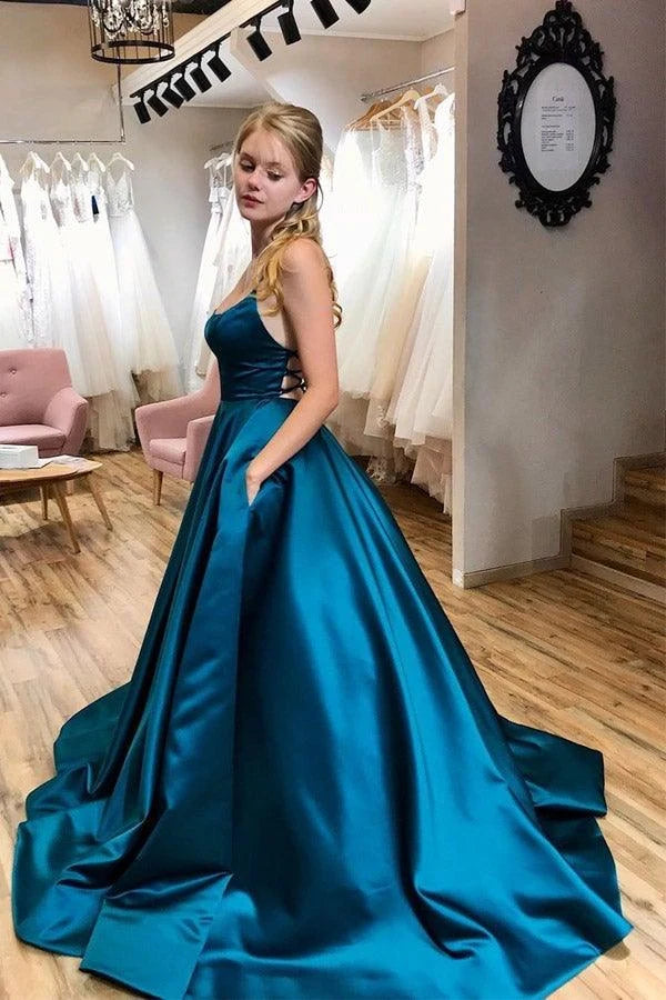 Elegant A-Line Scoop Neck Sleeveless Criss-Cross Back Teal Floor-Length Prom Dress