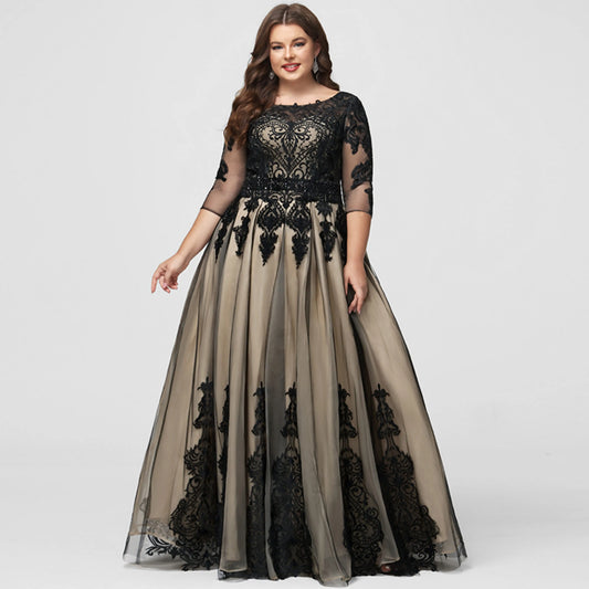 Elegant A-Line Scoop Neck Three-Quarter Sleeves Lace Black Nude Floor-Length Prom Dress