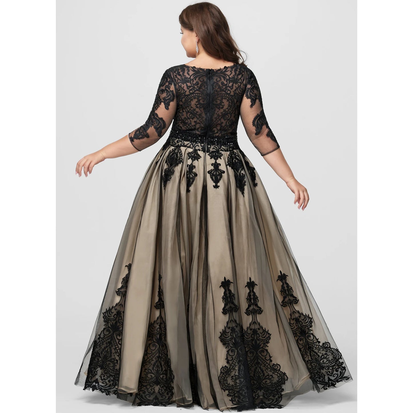 Elegant A-Line Scoop Neck Three-Quarter Sleeves Lace Black Nude Floor-Length Prom Dress