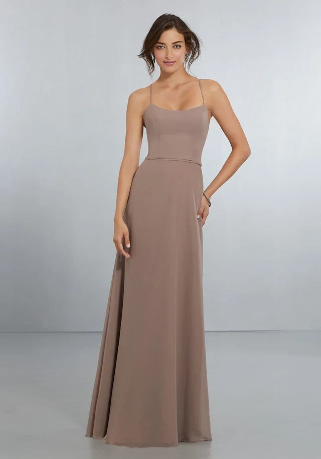 Elegant A-Line Scoop Sleeveless Strappy Backless Taupe Maxi Bridesmaid Dress Gown