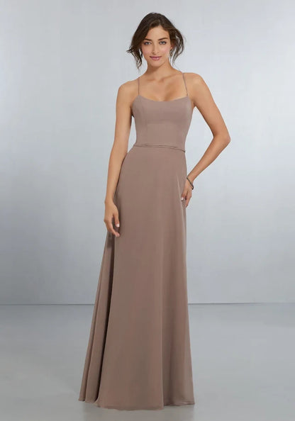 Elegant A-Line Scoop Sleeveless Strappy Backless Taupe Maxi Bridesmaid Dress Gown
