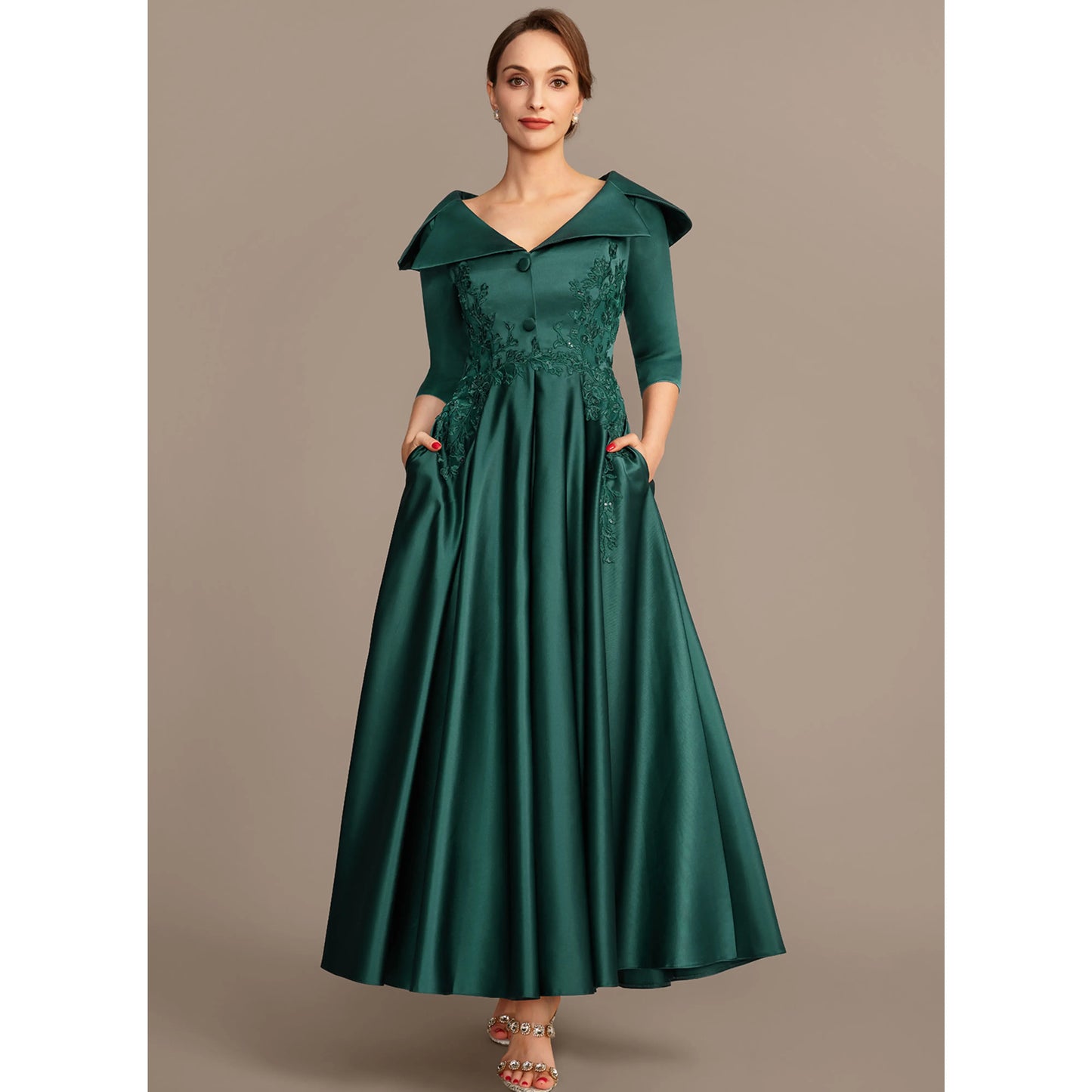 Elegant A-Line Shawl Collar Three-Quarter Sleeve Dark Green Mother Of The Bride Gown