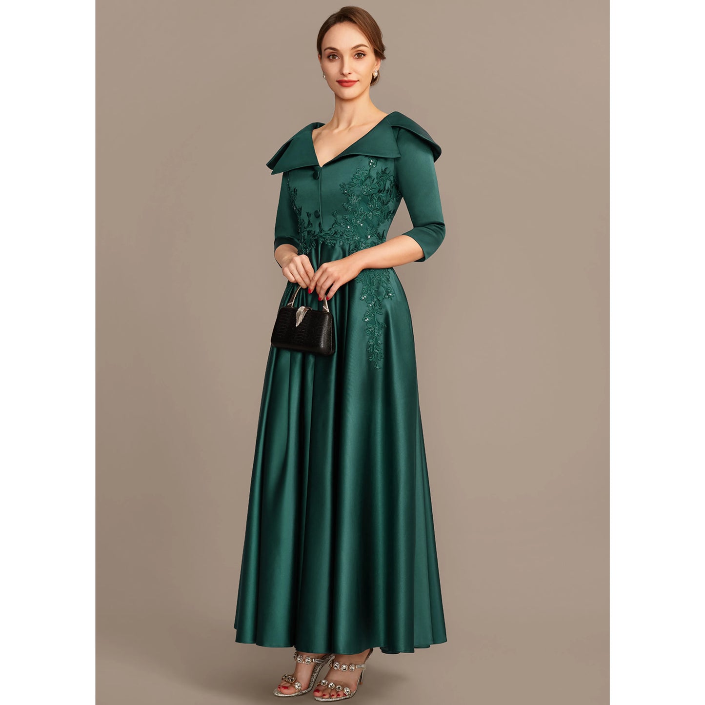 Elegant A-Line Shawl Collar Three-Quarter Sleeve Dark Green Mother Of The Bride Gown