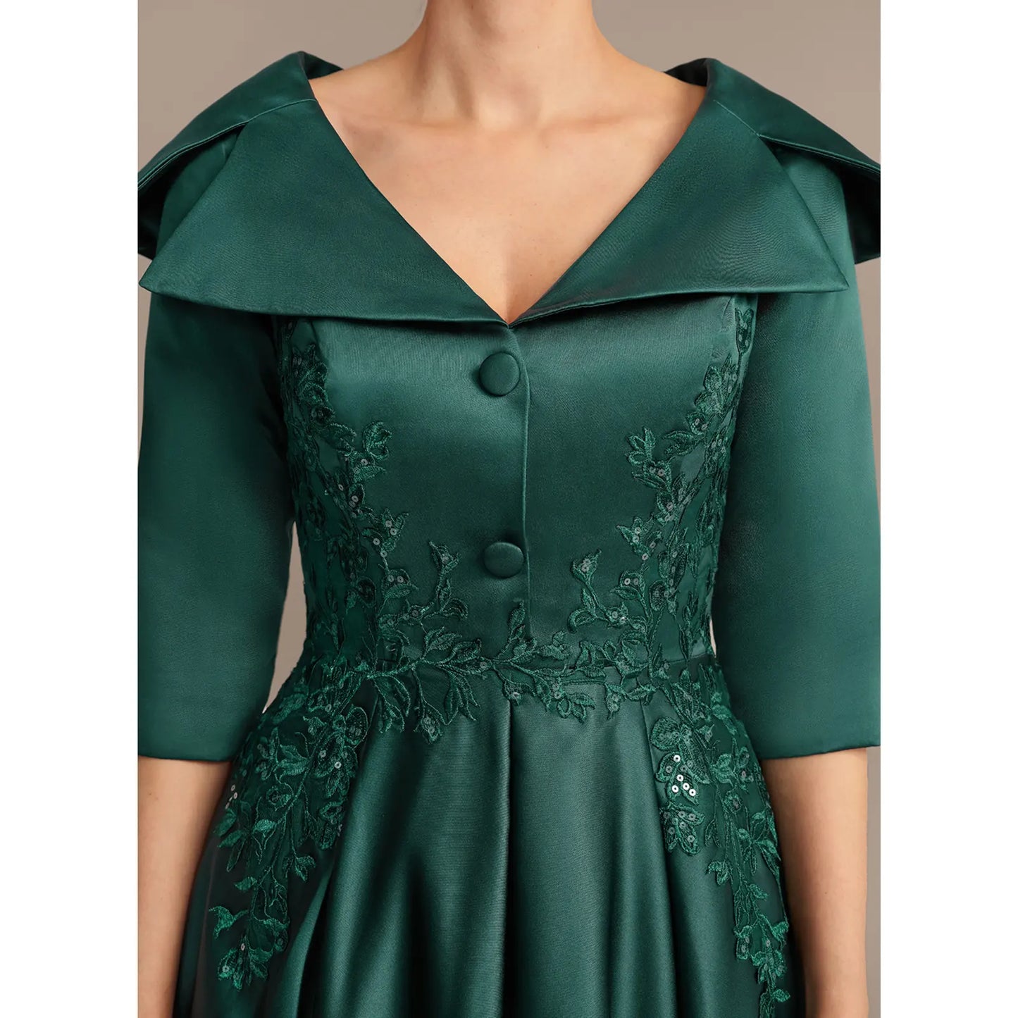 Elegant A-Line Shawl Collar Three-Quarter Sleeve Dark Green Mother Of The Bride Gown