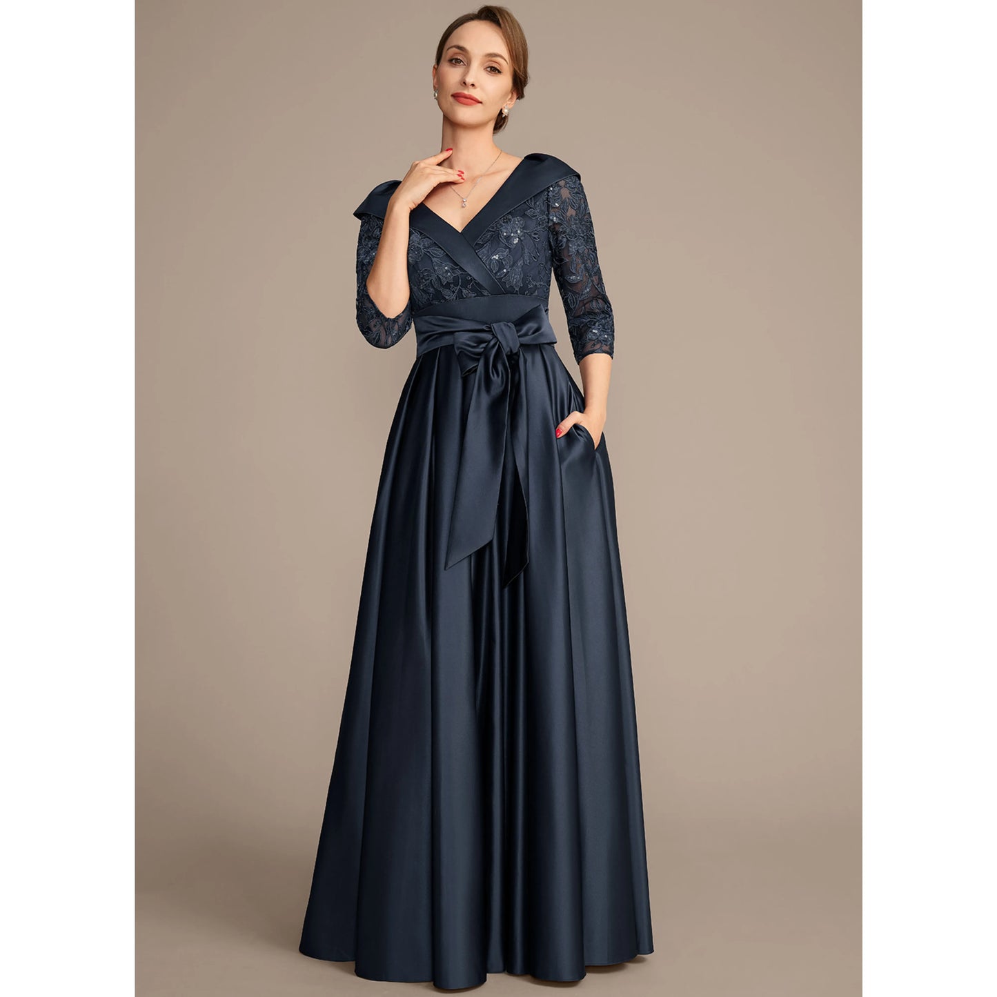 Elegant A-Line Shawl V-Neck Three-Quarter Sleeve Sequin Navy Floor-Length Mother of the Bride Gown